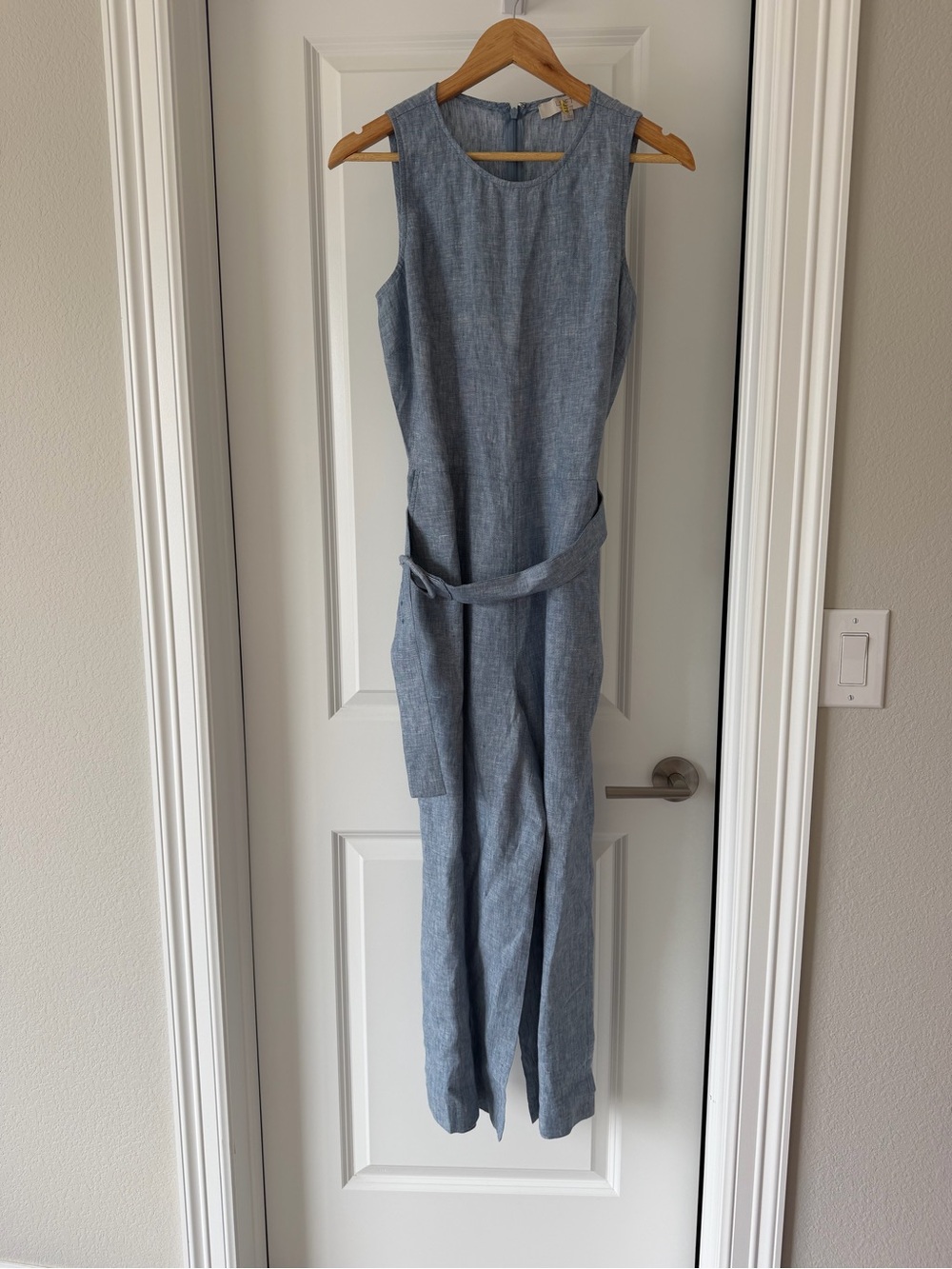 LOFT Sleeveless 100% Linen Light Blue Jumpsuit with Waist Tie